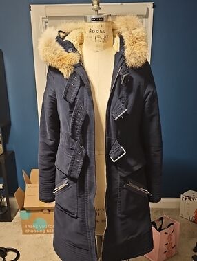 Marc Jacobs  Navy Parka Coat with Fur-Trim Hood Womens